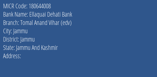 Ellaquai Dehati Bank Tomal Anand Vihar Edv Branch Address Details and MICR Code 180644008