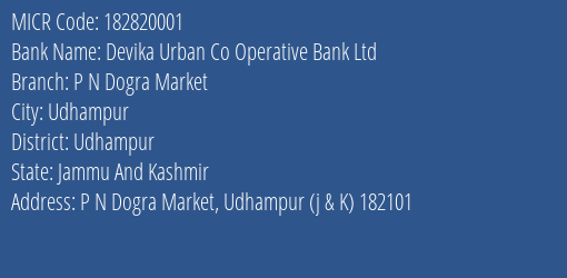 Devika Urban Co Operative Bank Ltd P N Dogra Market MICR Code