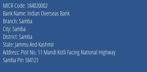 Indian Overseas Bank Samba MICR Code