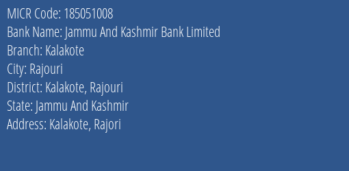 Jammu And Kashmir Bank Limited Kalakote MICR Code
