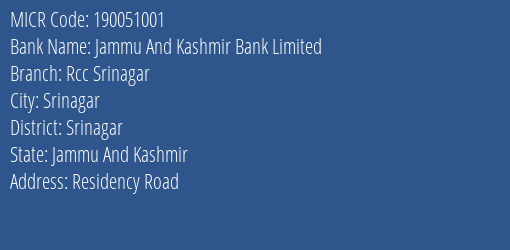 Jammu And Kashmir Bank Limited Rcc Srinagar MICR Code