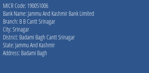 Jammu And Kashmir Bank Limited B B Cantt Srinagar MICR Code