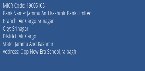 Jammu And Kashmir Bank Limited Air Cargo Srinagar MICR Code