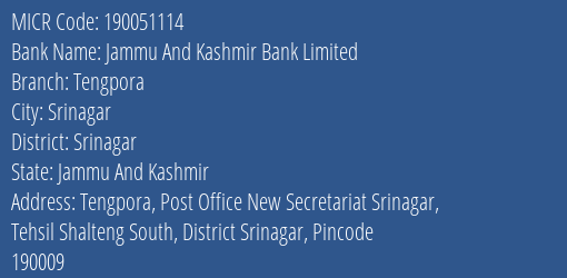 Jammu And Kashmir Bank Limited Tengpora MICR Code