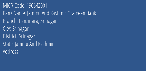 Jammu And Kashmir Grameen Bank Panzinara Srinagar MICR Code