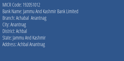 Jammu And Kashmir Bank Limited Achabal Anantnag MICR Code