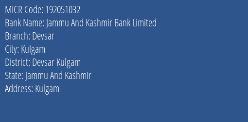 Jammu And Kashmir Bank Limited Devsar MICR Code