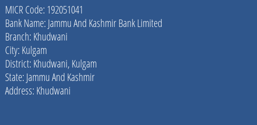 Jammu And Kashmir Bank Limited Khudwani MICR Code