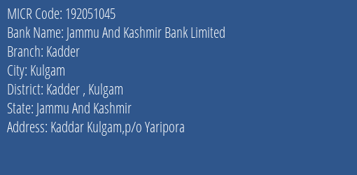 Jammu And Kashmir Bank Limited Kadder MICR Code