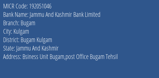Jammu And Kashmir Bank Limited Bugam MICR Code