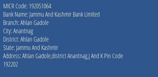 Jammu And Kashmir Bank Limited Ahlan Gadole MICR Code