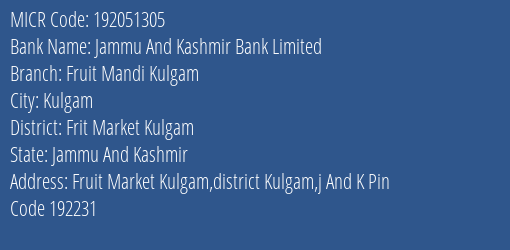Jammu And Kashmir Bank Limited Fruit Mandi Kulgam MICR Code