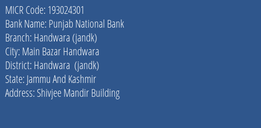Punjab National Bank Handwara (jandk) Branch Address Details and MICR Code 193024301