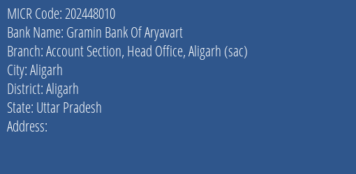 Gramin Bank Of Aryavart Account Section Head Office Aligarh Sac MICR Code