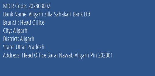 Aligarh Zilla Sahakari Bank Ltd Head Office MICR Code