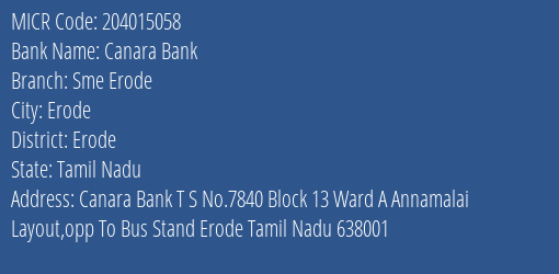 Canara Bank Sme Erode Branch Address Details and MICR Code 204015058
