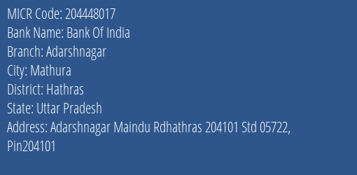 Bank Of India Adarshnagar Branch Address Details and MICR Code 204448017