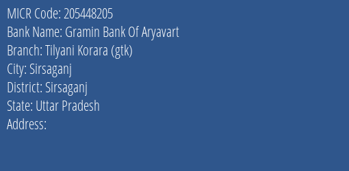 Gramin Bank Of Aryavart Tilyani Korara Gtk MICR Code