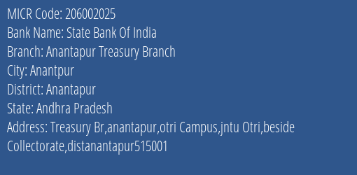 State Bank Of India Anantapur Treasury Branch Branch Address Details and MICR Code 206002025