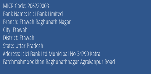 Icici Bank Limited Etawah Raghunath Nagar MICR Code