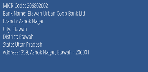 Etawah Urban Coop Bank Ltd Ashok Nagar MICR Code