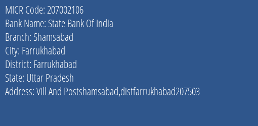 State Bank Of India Shamsabad MICR Code