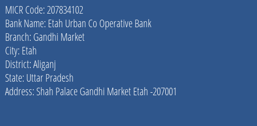 Etah Urban Co Operative Bank Gandhi Market MICR Code