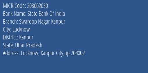 State Bank Of India Swaroop Nagar Kanpur Branch Address Details and MICR Code 208002030