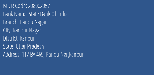 State Bank Of India Pandu Nagar Branch Address Details and MICR Code 208002057