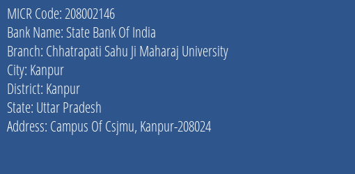 State Bank Of India Chhatrapati Sahu Ji Maharaj University Branch Address Details and MICR Code 208002146