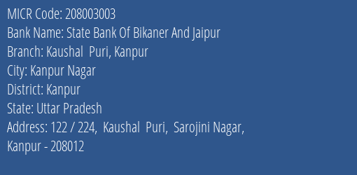 State Bank Of Bikaner And Jaipur Kaushal Puri Kanpur MICR Code