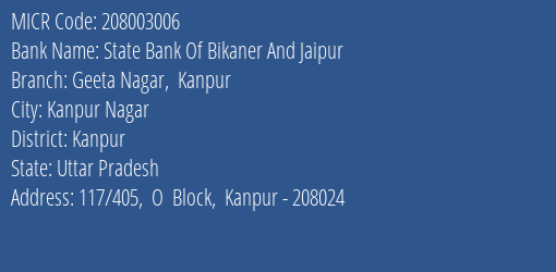 State Bank Of Bikaner And Jaipur Geeta Nagar Kanpur MICR Code