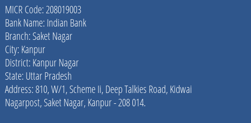Indian Bank Saket Nagar MICR Code