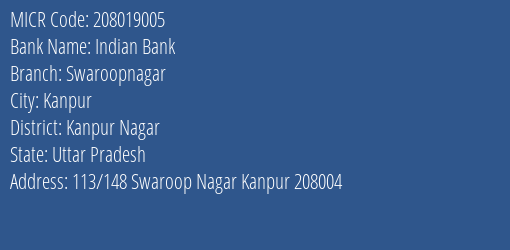 Indian Bank Swaroopnagar MICR Code
