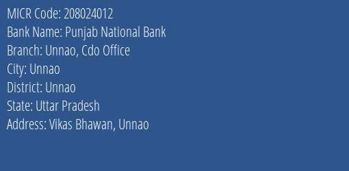 Punjab National Bank Unnao Cdo Office Branch Address Details and MICR Code 208024012