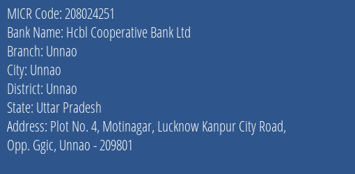 Hcbl Cooperative Bank Ltd Unnao MICR Code