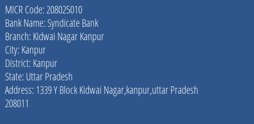 Syndicate Bank Kidwai Nagar Kanpur Branch Address Details and MICR Code 208025010