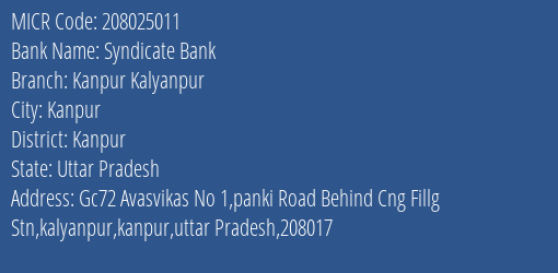 Syndicate Bank Kanpur Kalyanpur Branch Address Details and MICR Code 208025011
