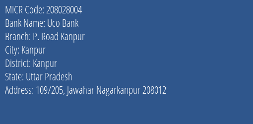 Uco Bank P. Road Kanpur MICR Code