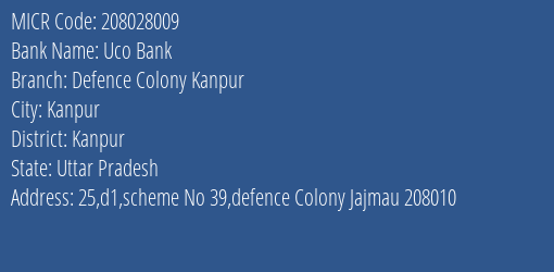 Uco Bank Defence Colony Kanpur MICR Code