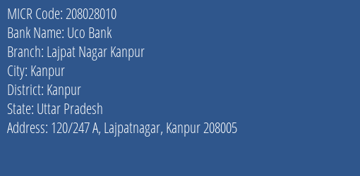 Uco Bank Lajpat Nagar Kanpur MICR Code