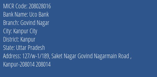 Uco Bank Govind Nagar MICR Code