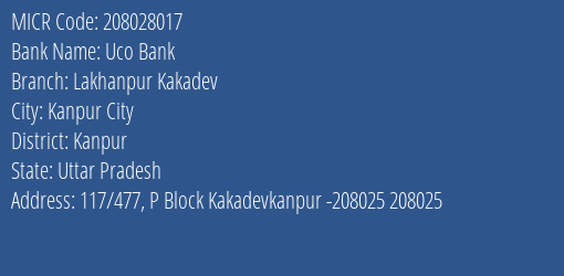 Uco Bank Lakhanpur Kakadev MICR Code