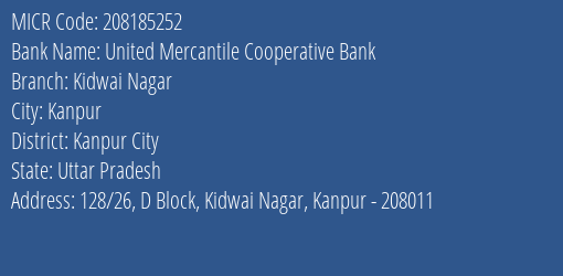 United Mercantile Cooperative Bank Kidwai Nagar MICR Code