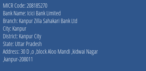 Kanpur Zilla Sahakari Bank Ltd Kidwai Nagar MICR Code