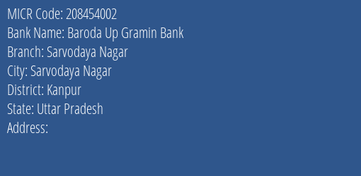 Baroda Up Gramin Bank Sarvodaya Nagar Branch Address Details and MICR Code 208454002