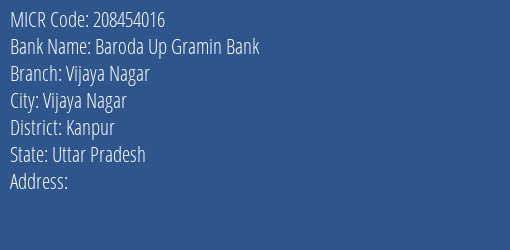 Baroda Up Gramin Bank Vijaya Nagar Branch Address Details and MICR Code 208454016