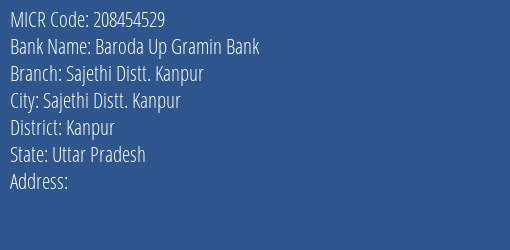 Baroda Up Gramin Bank Sajethi Distt. Kanpur Branch Address Details and MICR Code 208454529