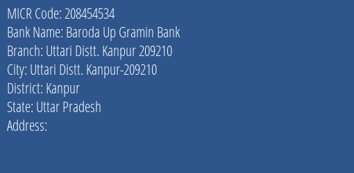 Baroda Up Gramin Bank Uttari Distt. Kanpur 209210 Branch Address Details and MICR Code 208454534