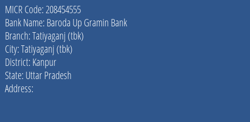 Baroda Up Gramin Bank Tatiyaganj Tbk Branch Address Details and MICR Code 208454555